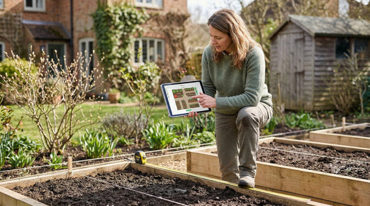 Frau mit Gartenplaner-App organisiert ihren Garten