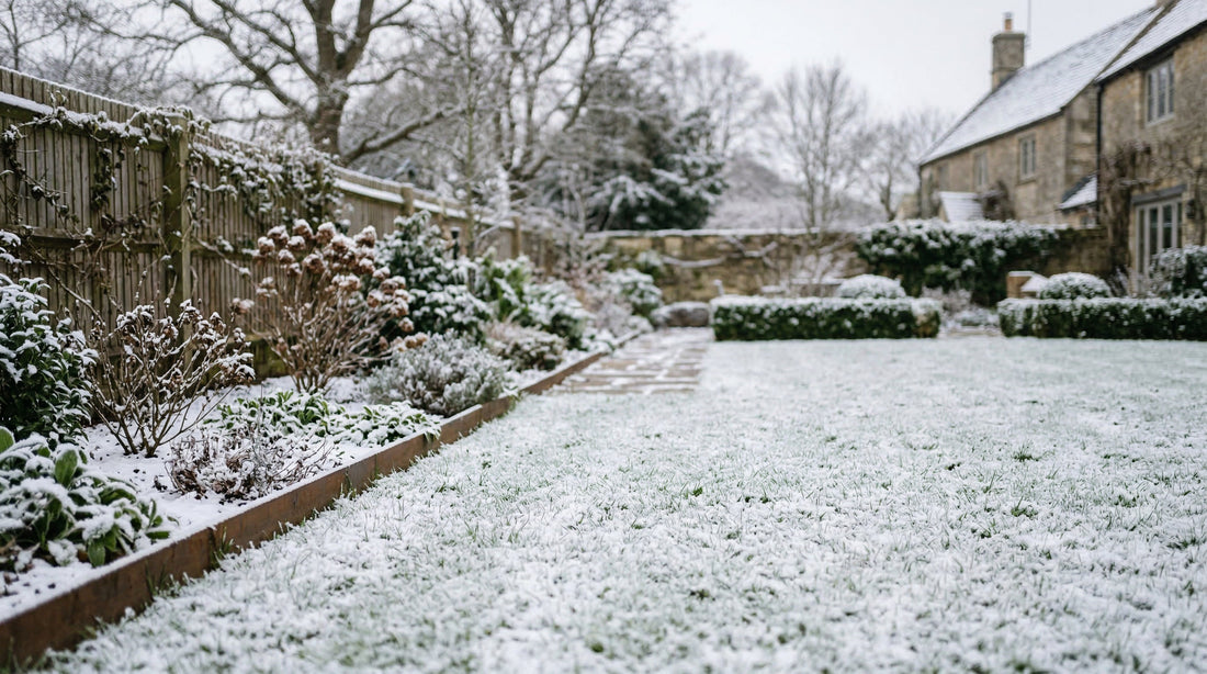 Reihenhaus-Garten mit Rasen nach dem ersten Schneefall