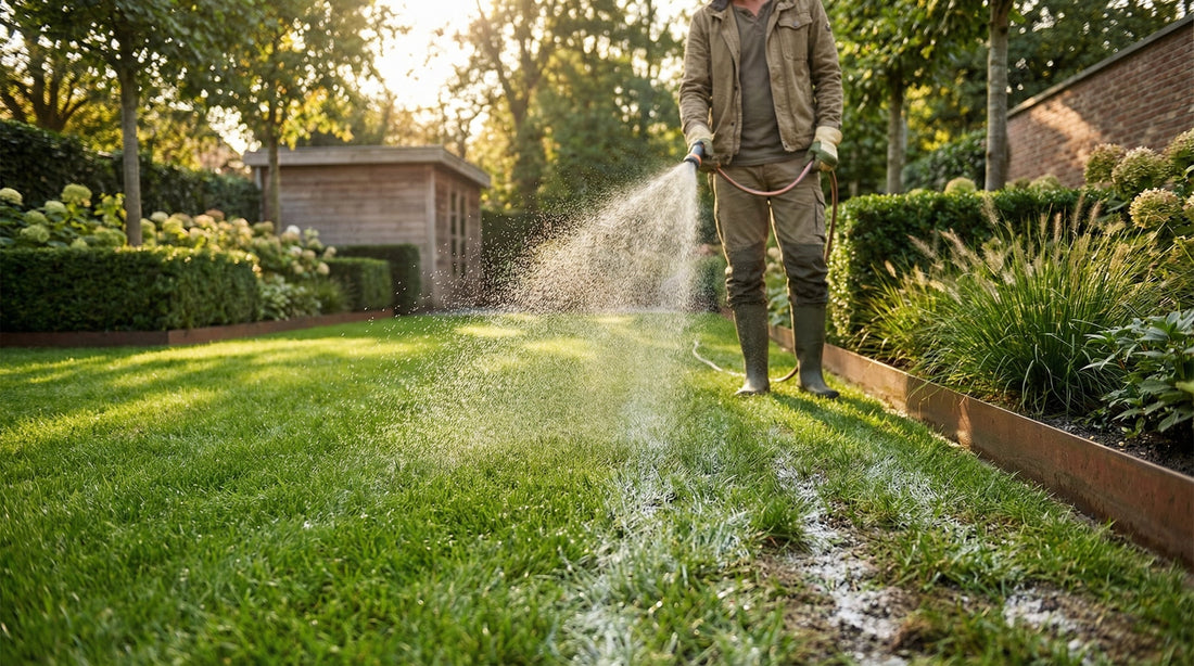 Gekalter Rasen wird gewässert mit Gartenschlauch