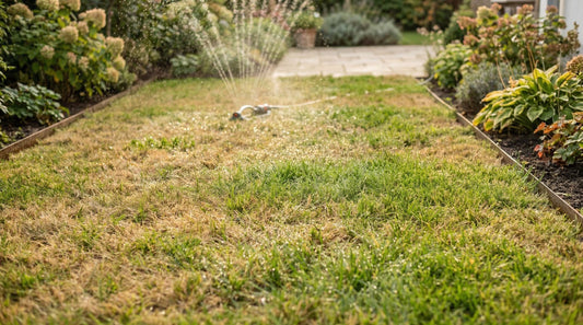 Rasen nach dem Sommer wird bewässert durch Sprengler
