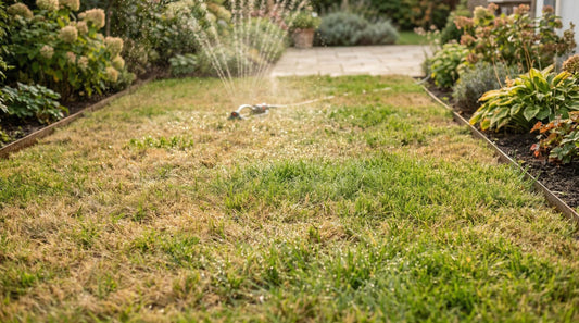 Rasen nach dem Sommer wird bewässert durch Sprengler