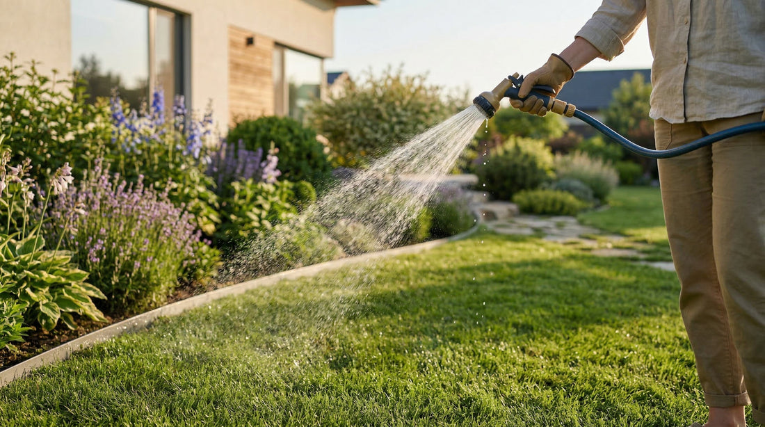 Rasen wird mit Gartenschlauch gewässert