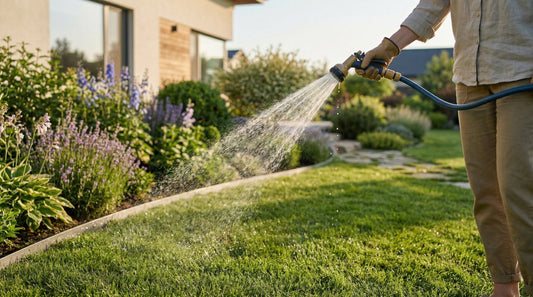 Rasen wird mit Gartenschlauch gewässert