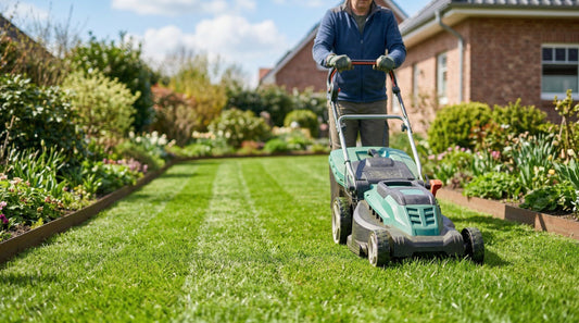 Mann mäht mit Rasenmäher im Frühjahr seinen Rasen im Garten