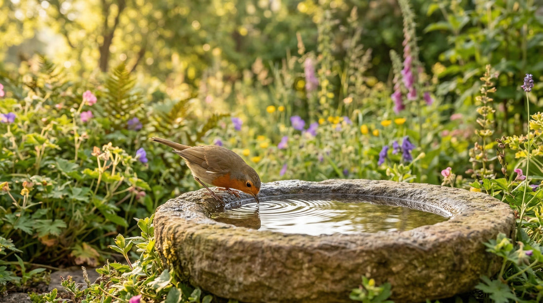 Vogel trinkt aus Vogeltränke in Garten