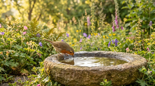 Vogel trinkt aus Vogeltränke in Garten