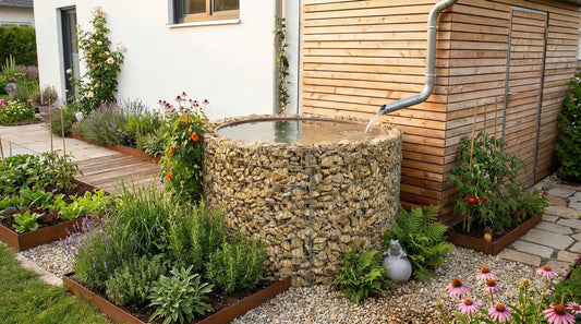 Gabionen-Wasserfass unter Regenrinne in Garten