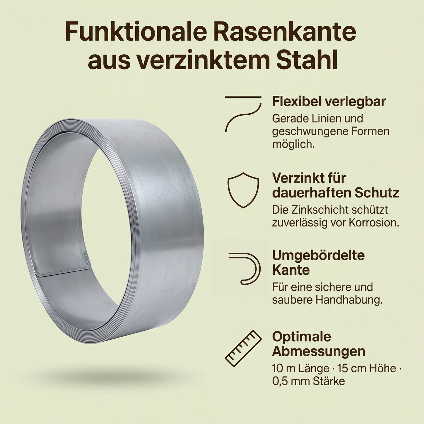 Rasenkantenband aus verzinktem Stahl – 15 cm hoch, Länge 10 m, 0,5 mm stark – GartenAZ Beetumrandung mit Umbördelung - ID: 69641980019062