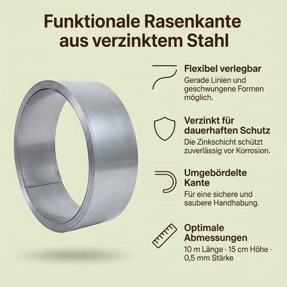 Rasenkantenband aus verzinktem Stahl – 15 cm hoch, Länge 10 m, 0,5 mm stark – GartenAZ Beetumrandung mit Umbördelung - ID: 69641980019062