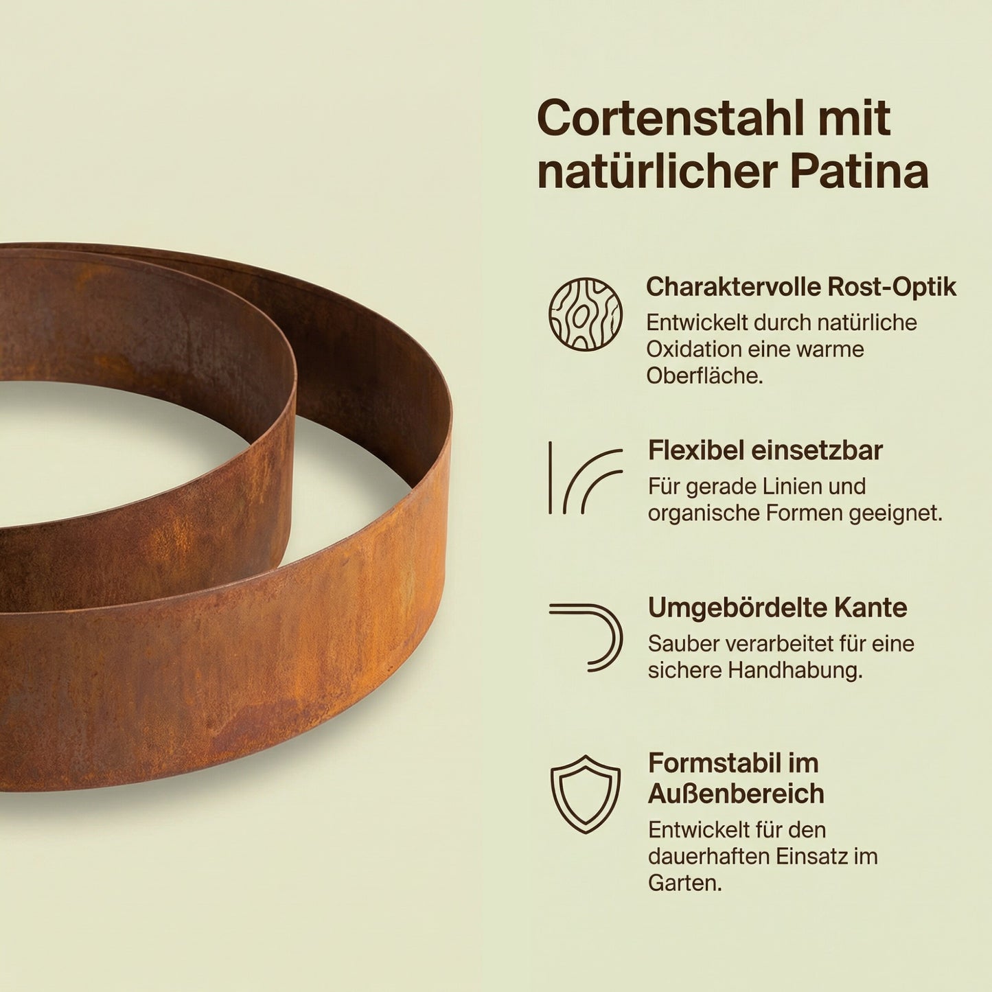 Rasenkantenband aus Cortenstahl – 15 cm hoch, Länge 10 m, 0,5 mm stark – GartenAZ Beetumrandung mit Umbördelung - ID: 69642397155702