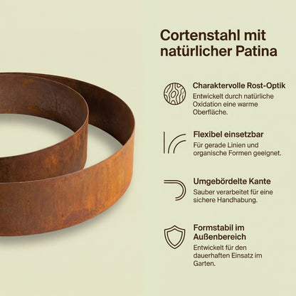 Rasenkantenband aus Cortenstahl – 15 cm hoch, Länge 10 m, 0,5 mm stark – GartenAZ Beetumrandung mit Umbördelung - ID: 69642397155702