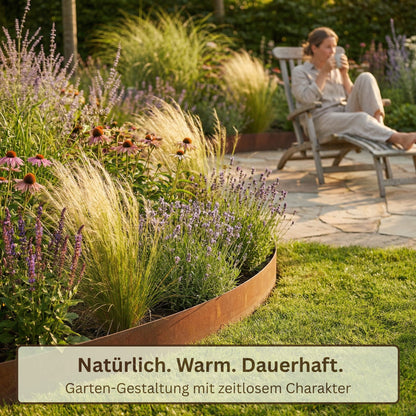 Rasenkantenband aus Cortenstahl – 15 cm hoch, Länge 10 m, 0,5 mm stark – GartenAZ Beetumrandung mit Umbördelung - ID: 69642408984950