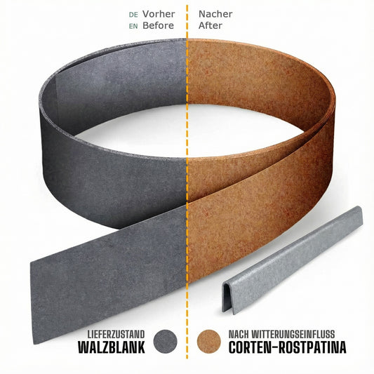 Rasenkantenband aus Cortenstahl – 15 cm hoch, Länge 5 m, 1 mm stark – GartenAZ inklusive Einschlaghilfe